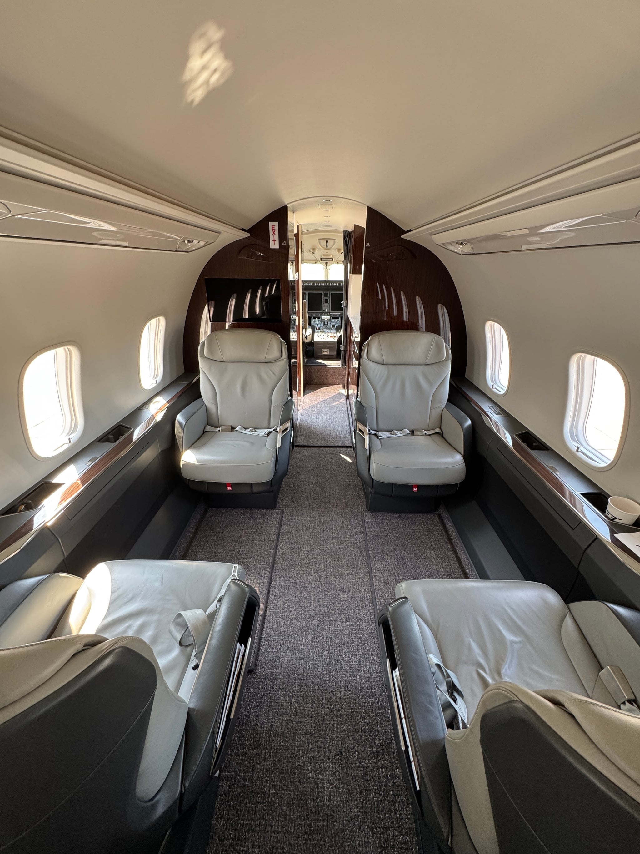 Freshly detailed luxury private jet cabin interior